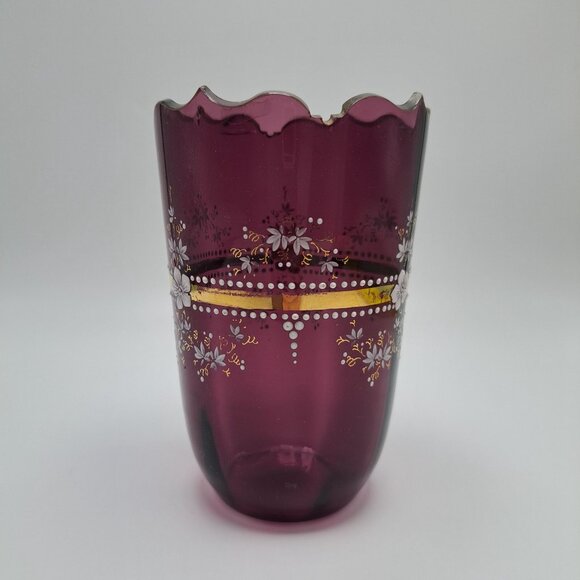Hand-Painted Amethyst Enamel Floral Vase With Scalloped Rim - Picture 7 of 16